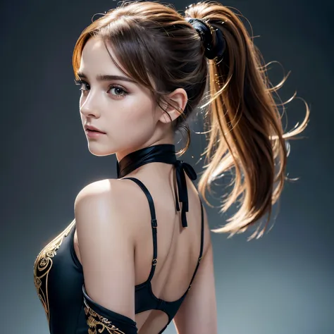 Close-up of a woman with a ponytail and a black dress, Emma Watson wearing fancy fish, Emma Watson, photo of Emma Watson in swimsuit, Emma Watson wearing a swimsuit, Emma!! Watson!!, photo of Emma Watson, of Emma Watson, Emma Watson as driada, face of Emma...