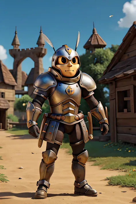 Armored bees carrying medieval weapons and looking like a gladiator. Inclined to attack.