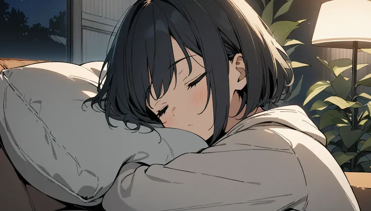 1girl, solo, , flat chest, short hair, black hair,, hoodie, upper body, ((masterpiece, illustration, best quality)) sleeping with her eyes closed at her room during nighttime in a suburban area surrounded by plants, laying at a couch, hugging a pillow