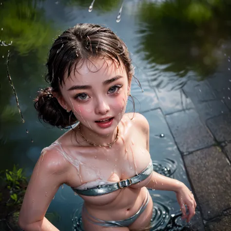 masterpiece of ExtremelyDetailed (ProfessionalPhoto of Stunning women:1.4) Looking at Sky, (((Downpour))), BraidHair with bun, (Joyful Expressions LifeLike Rendering), ((Extremely detailed beautiful face and eyes)) BlushAhegao SmoothArmpit LiquidSoap White...