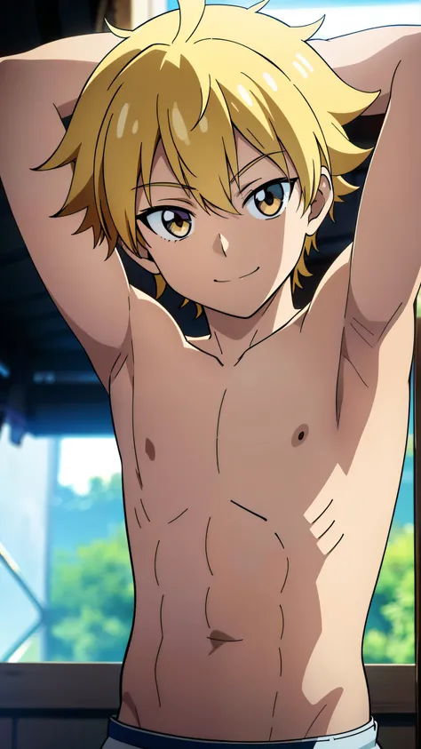 Highres, Masterpiece, Best quality at best,Best Quality,hight quality, hight detailed, Anime style, 1boy, Shota, young boy, Solo person, blonde, smile, Dog boy, Dog ear, Stright hair, upper body, Skinny, Give me a proportional picture of a 12 year old boys...