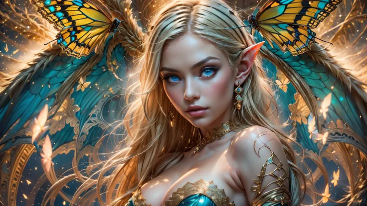 (Beautiful woman, detailed makeup, detailed facial features, Glowing blue eyes, seductive expression, blonde hair, large breasts:1.3, realistic elf ear, four fingers on each hand, detailed fingers, proportional hands, massive butterfly wings in the center ...