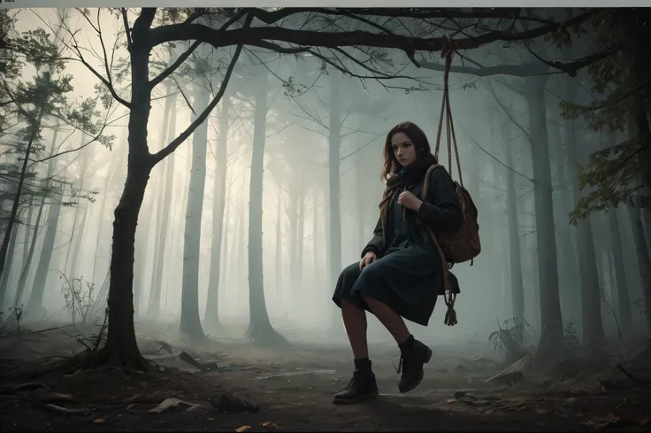 A haunting masterpiece, of unparalleled quality, showcasing a tragic scene of a teenage girl hanging from a tree. The rope around her neck, reminiscent of a hangmans noose, is rendered in exquisite detail, a testament to the artists skill. The atmosphere i...