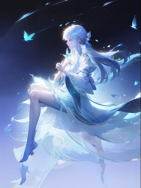 1 girl,Shimizu,Blue Butterfly,Pure white gauze skirt,shiny,Sitting in the air