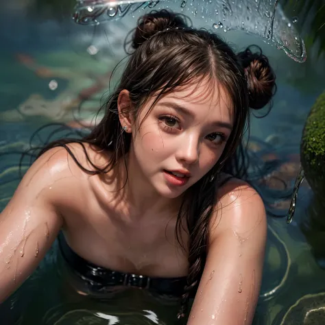 masterpiece of ExtremelyDetailed (ProfessionalPhoto of Stunning women:1.4) Looking at Sky, (((Downpour))), BraidHair with bun, (Joyful Expressions LifeLike Rendering), ((Extremely detailed beautiful face and eyes)) BlushAhegao SmoothArmpit LiquidSoap White...