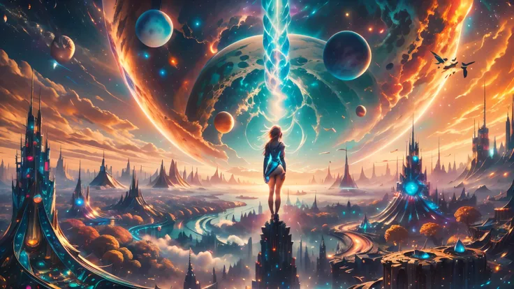 there is a woman standing in front of a painting of a planet, futuristic city in background, psytrance artwork, interconnected human lifeforms, panoramic view of girl, progressive rock album cover, dream of the endless, star dust, galaxy, stoner rock --ar ...