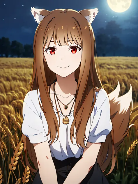 1girl, solo, masterpiece, best quality, illustration, absurdres, cute, film_grain, extremely detailed face, perfect lighting, light smile, full_body, long hair, brown hair, wolf ears, red eyes, wolf tail, necklace, outdoors, plains, wheat, moonlight