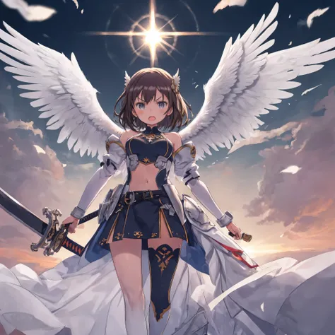 fantasy, 1angel_girl, low_teen, dark_brown_hair,long_bangs, (dark_skin)+, bare_shoulder, navel out, thighhighs,silver_shiny_armor, white_clothes,waist_armor, Glebe, hold_swords_emits_light, medium_breasts, dynamic_flying_pose,Floating, (1pair_white_wings:1...
