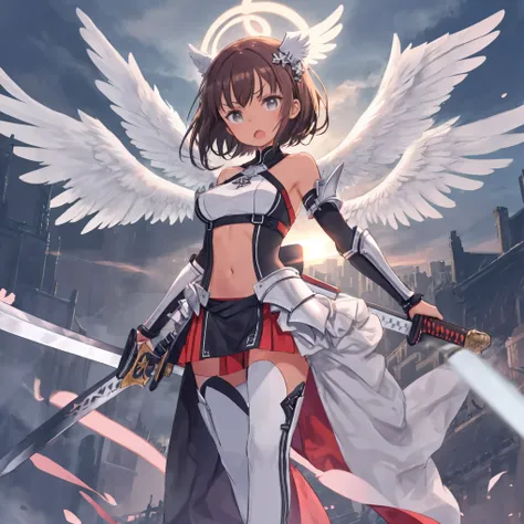 fantasy, 1angel_girl, low_teen, dark_brown_hair,long_bangs, (dark_skin)+, bare_shoulder, navel out, thighhighs,silver_shiny_armor, white_clothes,waist_armor, Glebe, hold_swords_emits_light, medium_breasts, dynamic_flying_pose,Floating, (1pair_white_wings:1...