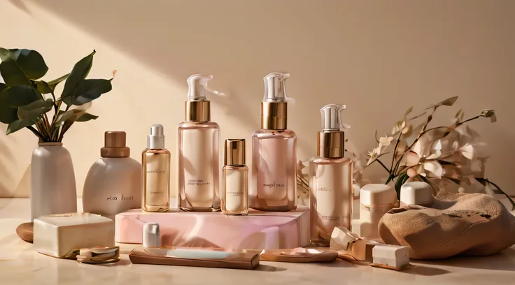 a luxurious skincare product display, elegant clean cosmetics, high-end beauty items, cosmetic packaging, pastel colors, glass bottles, natural ingredients, smooth clean surface, premium quality, serene ambient lighting, luxury brand logo, 4k, photorealist...
