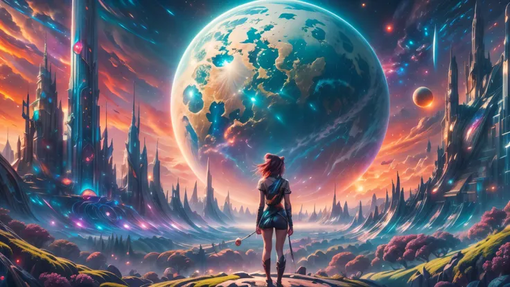 there is a woman standing in front of a painting of a planet, futuristic city in background, psytrance artwork, interconnected human lifeforms, panoramic view of girl, progressive rock album cover, dream of the endless, star dust, galaxy, stoner rock --ar ...