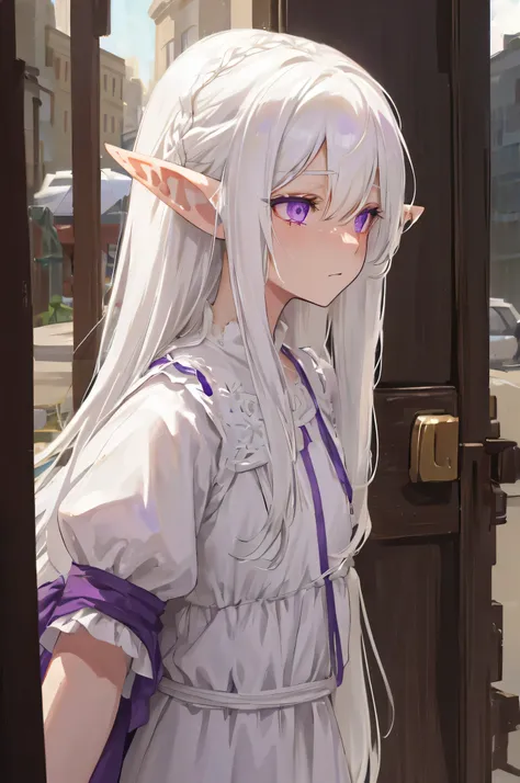 white hair , lush, long hair , elf ears , purple eyes , lifeless , Old and shabby white dress , dusty , dark , hurtful , Bloody ,