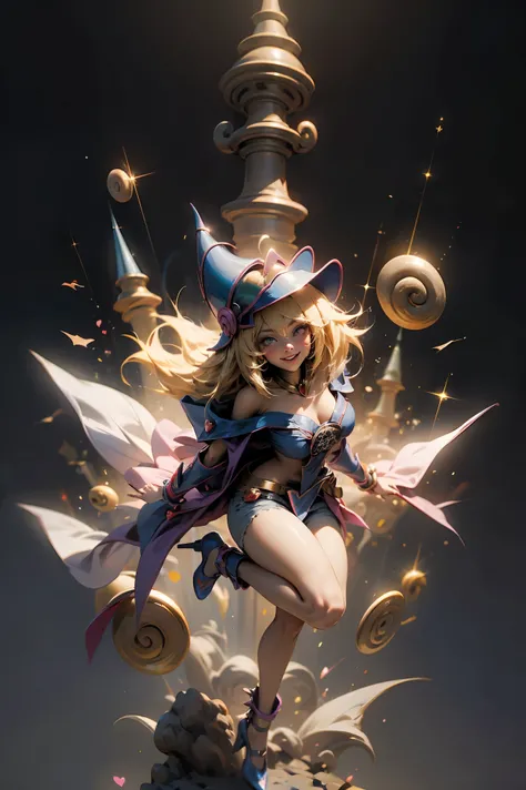 (Masterpiece:1.2), (The best quality:1.2), perfect lighting, Dark Magician Girl casting a spell, smiling. happy. in battle. floating in the air, big and visible tits, wear jeans and heels. transparent neckline, blue robe, big hat, From above, sparkles, Yug...