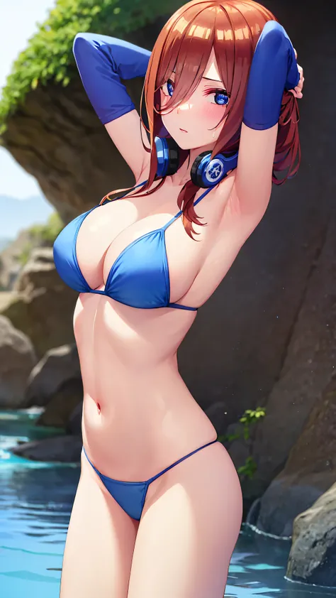 1girl, miku nakano, long hair, bangs, blue eyes, brown hair, hair between eyes, headphones, headphones around neck, (blush:1.1), BREAK string bikini, (blue bikini:1.3), patternless bikini, huge breasts, Naked, Exposed skin, (Wet skin:1.3), (arms behind hea...