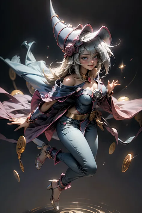 (Masterpiece:1.2), (The best quality:1.2), perfect lighting, Dark Magician Girl casting a spell, smiling. happy. in battle. floating in the air, big and visible tits, wear jeans and heels. transparent neckline, blue robe, big hat, From above, sparkles, Yug...