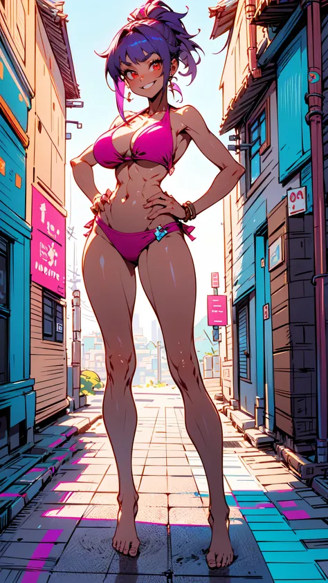 Masterpiece, best quality, Masterpiece, best quality, 1 woman , red eyes , purple hair ponytail , sly face , smile , pink bikini , abdomen, big breasts , Long legs , Barefoot , hands on hips , stand perfectly erect , full body , alley