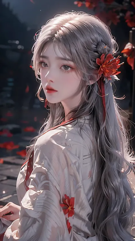 1girl,solo,1girl,solo,((beautiful detailed eyes)), (detailed light),depth of field,(white hair),silver eyes,hair over one eye,(red flower ), hair flower,long hair,black cloak,wet,emotionless,looking back,night,starfall,raining,fog,red flowers falling,sketc...