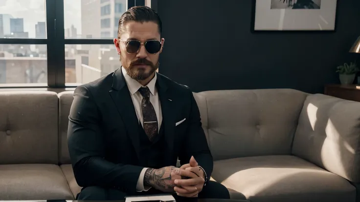 selfie , of a manly man strong and handsome , looking like tom hardy ,businessman , american man,  with big moustache and beard , dressed in a suit and sunglasses , youtuber , in a bright living room , youtuber ambiance, influencer , ultra detail, high res...