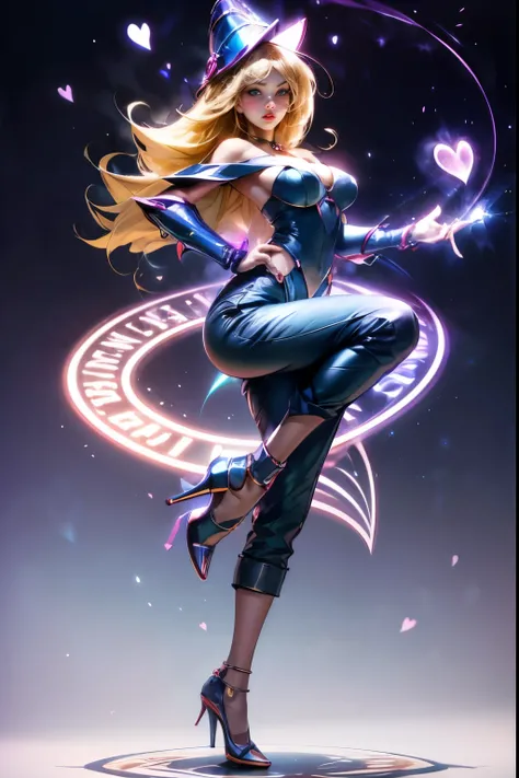 dark magician gils, with high-heels. pants,  sexy, Subjective and sensual pose. magic background. Magical heart in the air. magic circle 