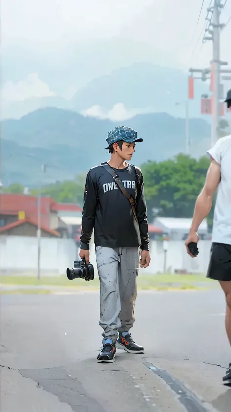 (Best quality,A high resolution,Ultra-detailed,Realistic:1.2)photographer, wearing a newsboy hat, vintage outfit, road runner（promotional poster）。