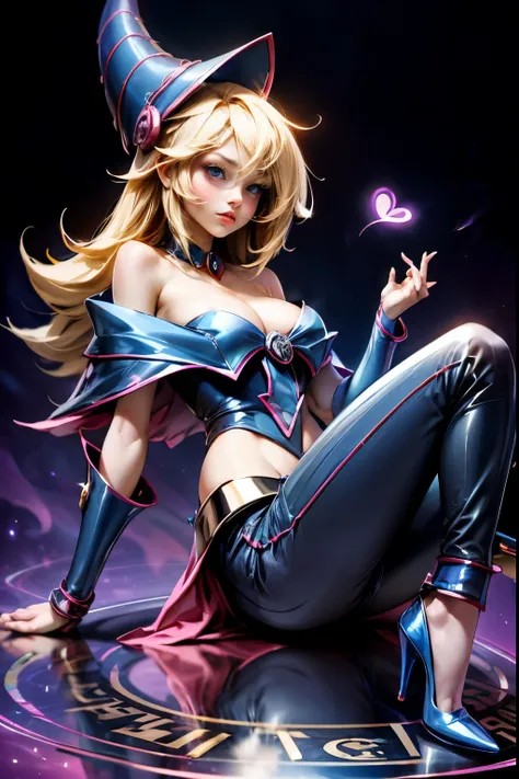 dark magician gils, with high-heels. pants,  sexy, Subjective and sensual pose. magic background. Magical heart in the air. magic circle 