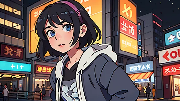 create an anime of a 20 year old girl named Mia Luna, she is wearing a modern headphone with short black hair, big blue eyes, long eyelashes and a simple appearance. His eyes are casual but captivating. She is a casual girl with a fashionable flair. The To...