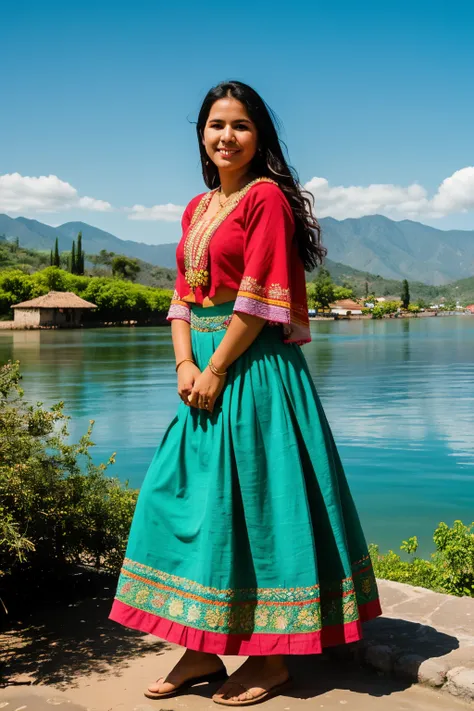 In the heart of Michoacán, a traditional Michoacan woman stands in the center of the image. She wears a typical costume of the region, consisting of a blouse embroidered with colorful flowers, a long skirt with geometric patterns and a hand-woven shawl tha...