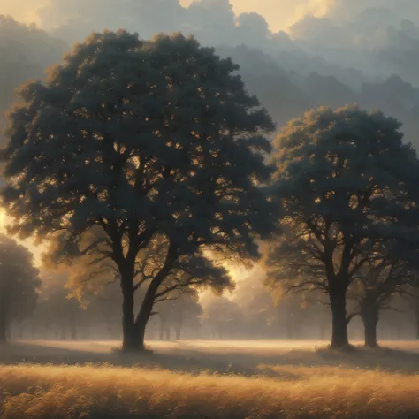 arafed view of a field with trees and bushes in the foreground, a matte painting by Carl Rahl, flickr, tonalism, intricate foreground, dramatic warm morning light, dramatic cold light, beautifully lit landscape, warm beautiful scene, extremely beautiful an...