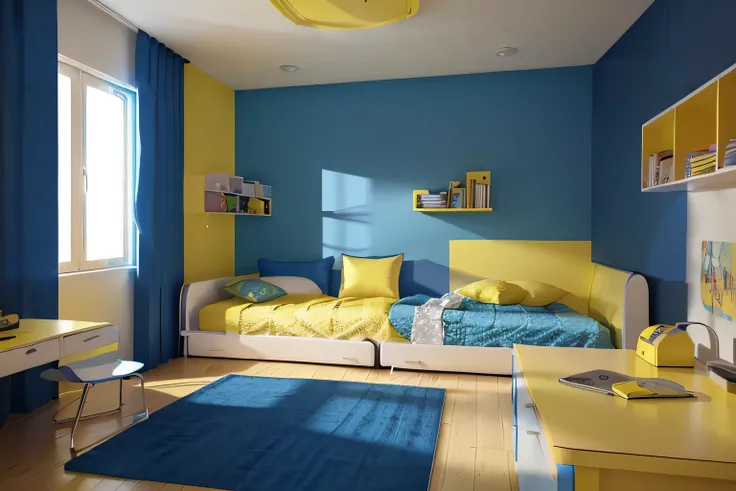 a brightly colored bedroom with a desk and a bed, boys room, rendered in vray, rendered in 3 dsmax, blue and yellow color scheme, photorealistic room, blue theme and yellow accents, render vray, yellow and blue color scheme, vray rendered, rendered in povr...