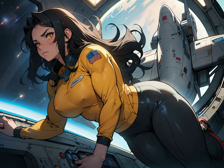 1girl solo black hair yellow eyes very long hair pale skin muscular muscular muscular muscular toned body huge muscles thick thighs girl tight clothes messy hair leggings tight shirt long sleeves thick thick thick thick thick thick (piloting spaceship) (pi...