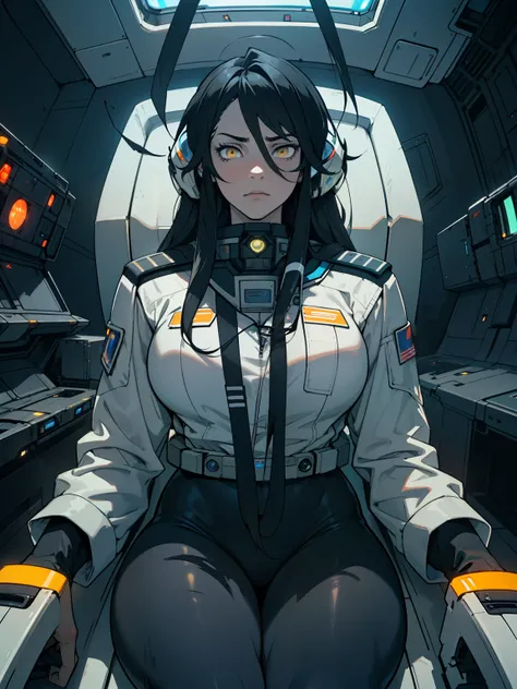 1girl solo black hair yellow eyes very long hair pale skin muscular muscular muscular muscular toned body huge muscles thick thighs girl messy hair leggings tight shirt long sleeves thick thick thick thick thick thick (piloting spaceship) (piloting spacesh...