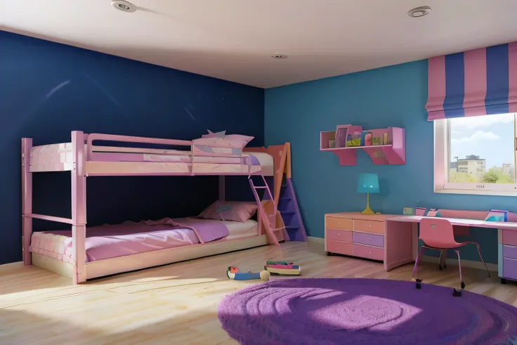 a brightly colored childrens bedroom with bunk beds and desk, blue and purple scheme, rendered in 3 dsmax, photorealistic room, blue and violet color scheme, blue and pink color scheme, blue and purple colour scheme, rendered in vray, super realistic rende...