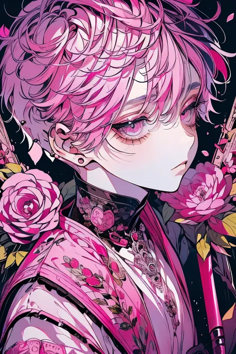 (Mastepiece), (Best Quality), Very detailed, 1 boy, Solo Shooting, Perfect Face, Beautiful Face, Very detailedな顔，(Pink Hair:1.3)，(short hair:1.4)、(Big eyes:1.4)，(Long eyelashes:1.4)、(Pink Eyes:1.3)、Black clothes、Lots of flowers、petal