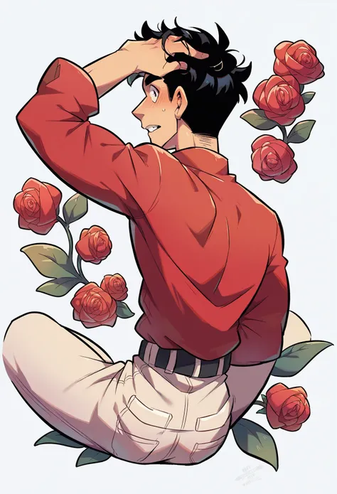 30th Generation,male,Black Hair,all back,Red clothes,Have a rose,A swaggering look