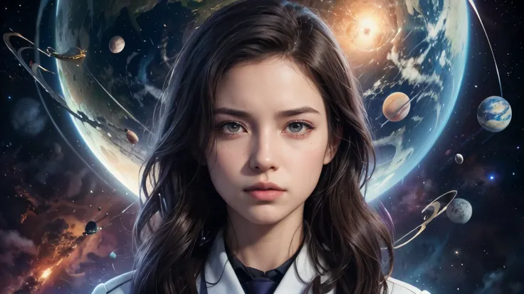 there is a woman with long hair and a tie in front of a planet, artgerm jsc, elite scientist, portrait anime space cadet girl, background artwork, avatar image, girl in space, 4k detailed digital art, 4k highly detailed digital art, jaina solo, epic portra...