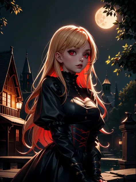 8K, masterpiece, best quality, night, full moon, a cute sweet Vampire, gothic style, cottage background, (cinematic light:1.1), light Gold and Red tetradic colors