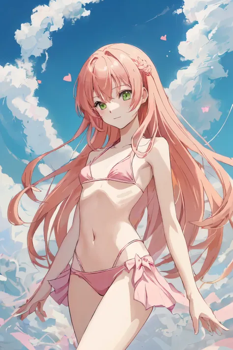 1_girl, (anime, kawai:2), (masterpeice, best_quality, clean:1.5), (sky_background:1.2), (cute, cute_smile, young:1.5), (delicate, extremely_delicate, beautiful, thin:1.5), (girlfriend, angel:1.8), (green_eyes, simple_eyes:1.8) (long_hair, blond_hair, weari...