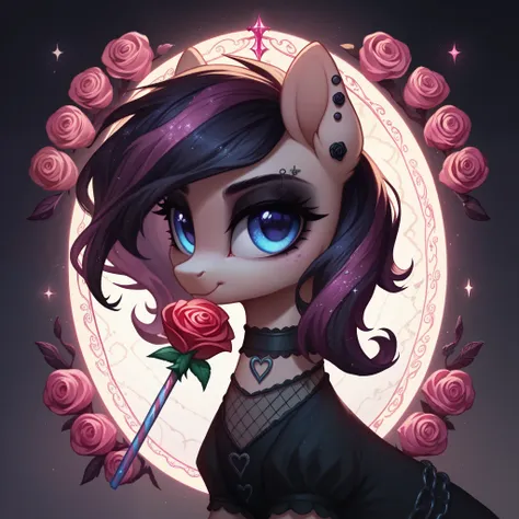 score_9,score_8_up,score_7_up,score_6_up, cute rose pony, goth fashion, glowing backlight, candy, pink scene, glitter, whimsical...