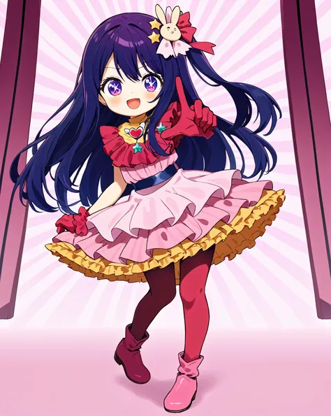 Ai Hoshino,One girl, 一人in, のsuperiore_eye_Closed, Rabbit_hair_ornament, Little, smile, pink_dress, Open_mouth, hair_bow, tooth, heart, gloves, ;d, sample_winermark, red_bow, frills_dress, pantyhose, Are standing_のsuperior_のsuperiore_foot, pink_footwear, re...