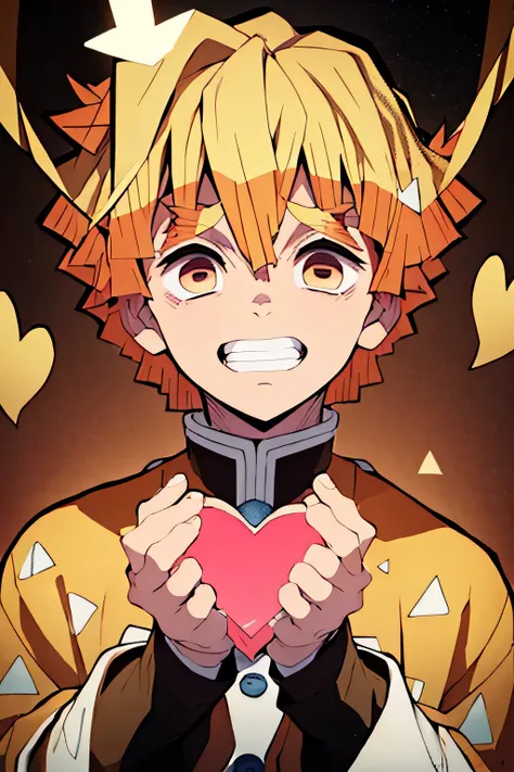 boy , hair gold, floating hearts , heart shaped eyes , grinning