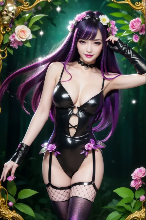 beautiful sexy woman who controls poison、beautiful smile、lipgloss、intense makeup、look at the camera、full body Esbian、、sparkling poisoned flower costume、、、、shiny sparkling multicolor hair、secrete poison、skull hair accessories、fishnet tights、shiny sparkling ...