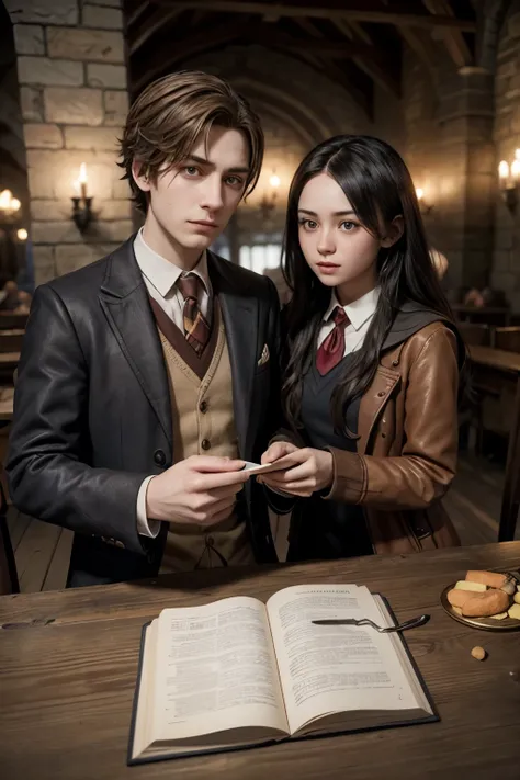 I would like to create images of a couple from a game. "Hogwarts Mystery.", In this game I have my character who is the protagonist, I&#39;m going to talk about his and his girlfriend&#39;s characteristics. My character is from Gryffindor house, has dark b...