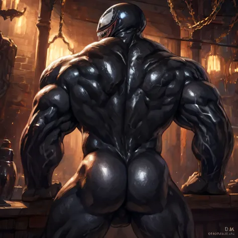 Extremely detailed lora Venom/symbionte,humanoid, (detailed face, Sharp teeth),male, back view, beautiful ass, , black body ,muscular 