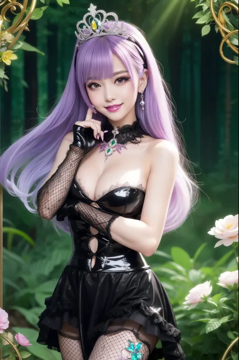 sexy princess who controls poison、beautiful smile、lipgloss、long lashes、intense makeup、look at the camera、full body Esbian、、sparkling poisoned flower costume、、、、shiny sparkling multicolor hair、secrete poison、skull hair accessories、fishnet tights、shiny spark...