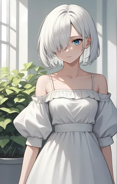 score_9, score_8_up, score_7_up, score_6_up, score_5_up, score_4_up, BREAK source_anime, one anime girl, blue eyes, white hair, medium hair, hair covers one eye, white dress,