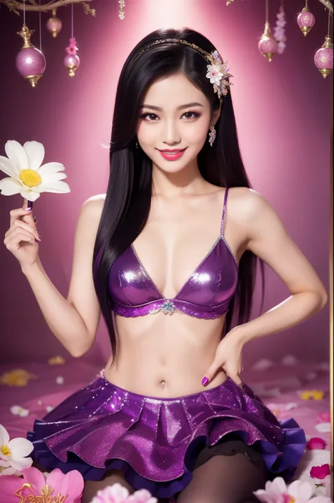 sexy Thai model who controls poison、beautiful smile、lipgloss、bold lipstick、intense makeup、look at the camera、full body Esbian、、sparkling poisoned flower costume、、、、sparkling Colorful hair、secrete poison、skull hair accessories、sexy tights、shiny sparkling fl...