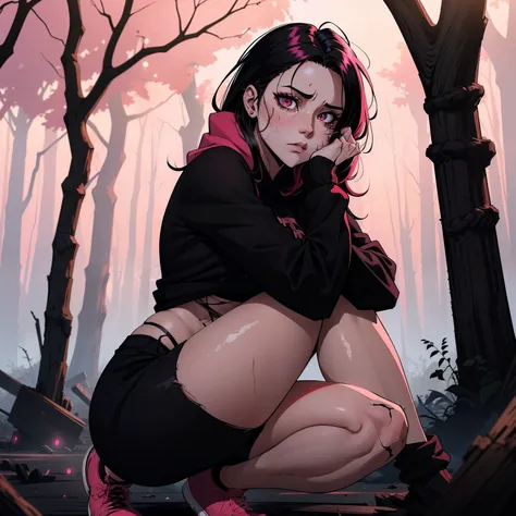 Anime Girl, with eyes that shine a captivating black iris encircled by vibrant red pupils, finds herself in a forest after a fierce battle. Her black hair, adorned with pink highlights, is disheveled, reflecting the turmoil shes endured. She wears a pink s...