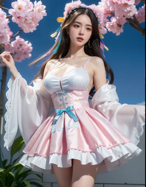 (8k, RAW photo:1.2), best quality, ultra high res,dramatic angle,(fluttered detailed color splashs), (illustration),(((1 girl))),(long hair),(rain:0.9), (Headdress:1.4),There is an ancient palace beside the girl,Hanfu,(Key Points),Color ink painting,(Splas...