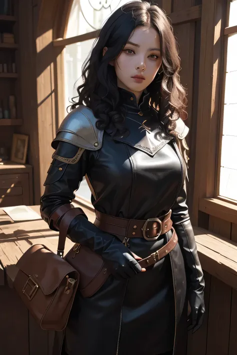 ((best qualityer)), ((work of art)), (detailded), high qualiy, 8K Ultra-HD, 1 medieval fantasy RPG adventurer similar to the works of JRR TOLKIEN, black curly hair, black leather clothing details, black mittens, black belt , in the background adventurers g...