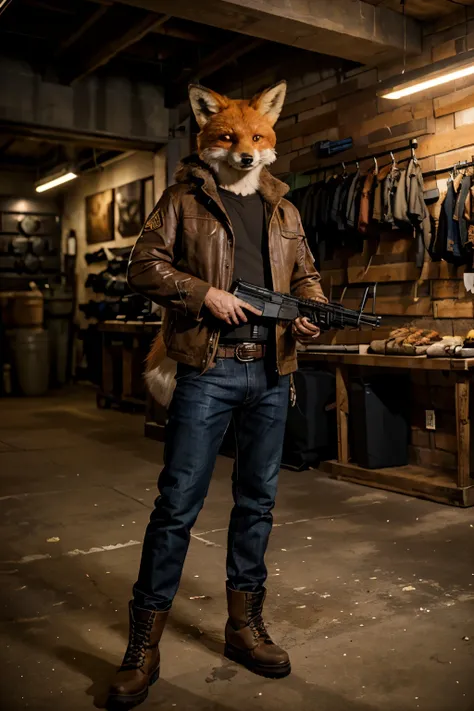 Furry fox guy dressed in a polto-brown jacket, jeans and black combat boots with a double-barreled shotgun for advantage